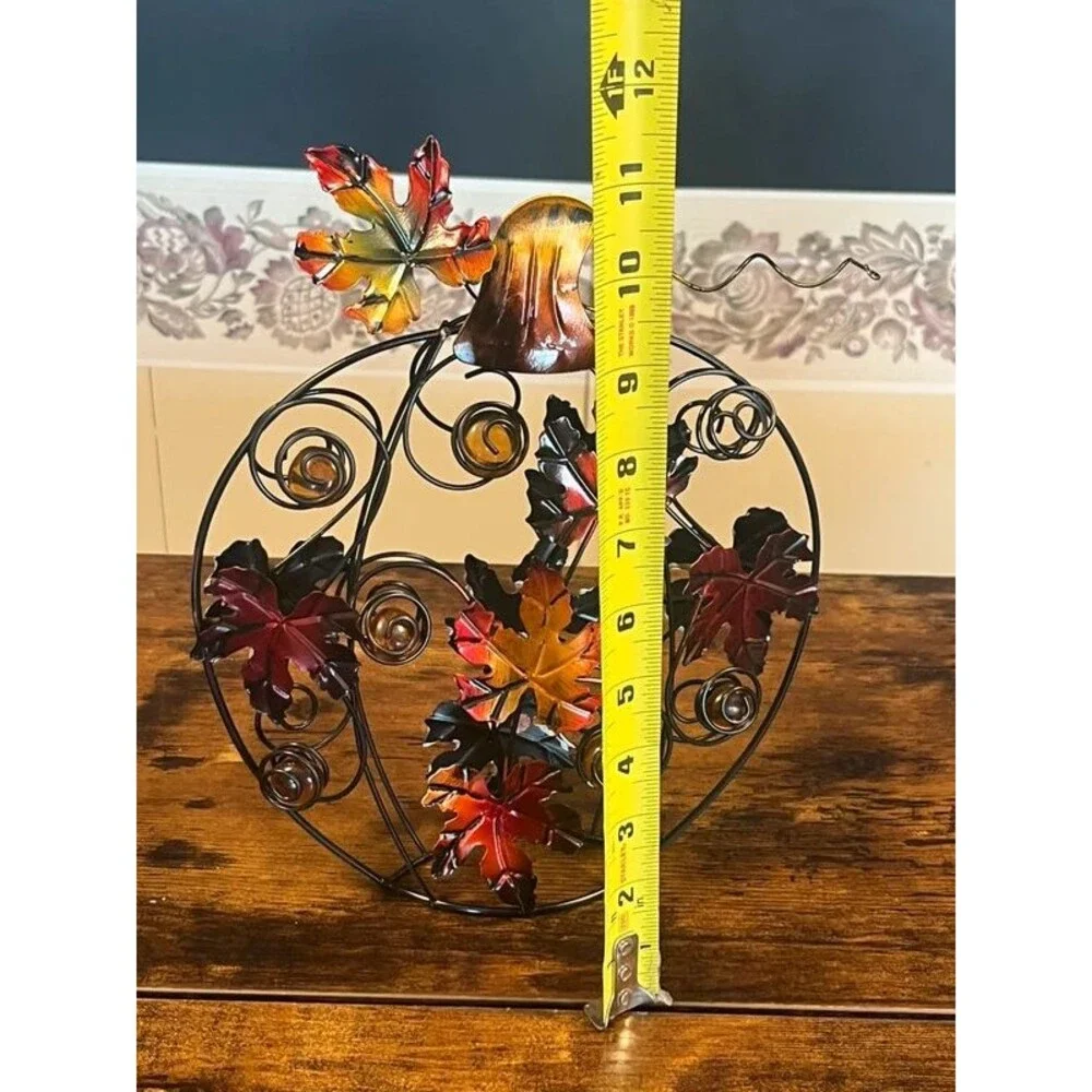 Metal Pumpkin Fall Decor Enameled Maple Leaves Amber Glass Accents